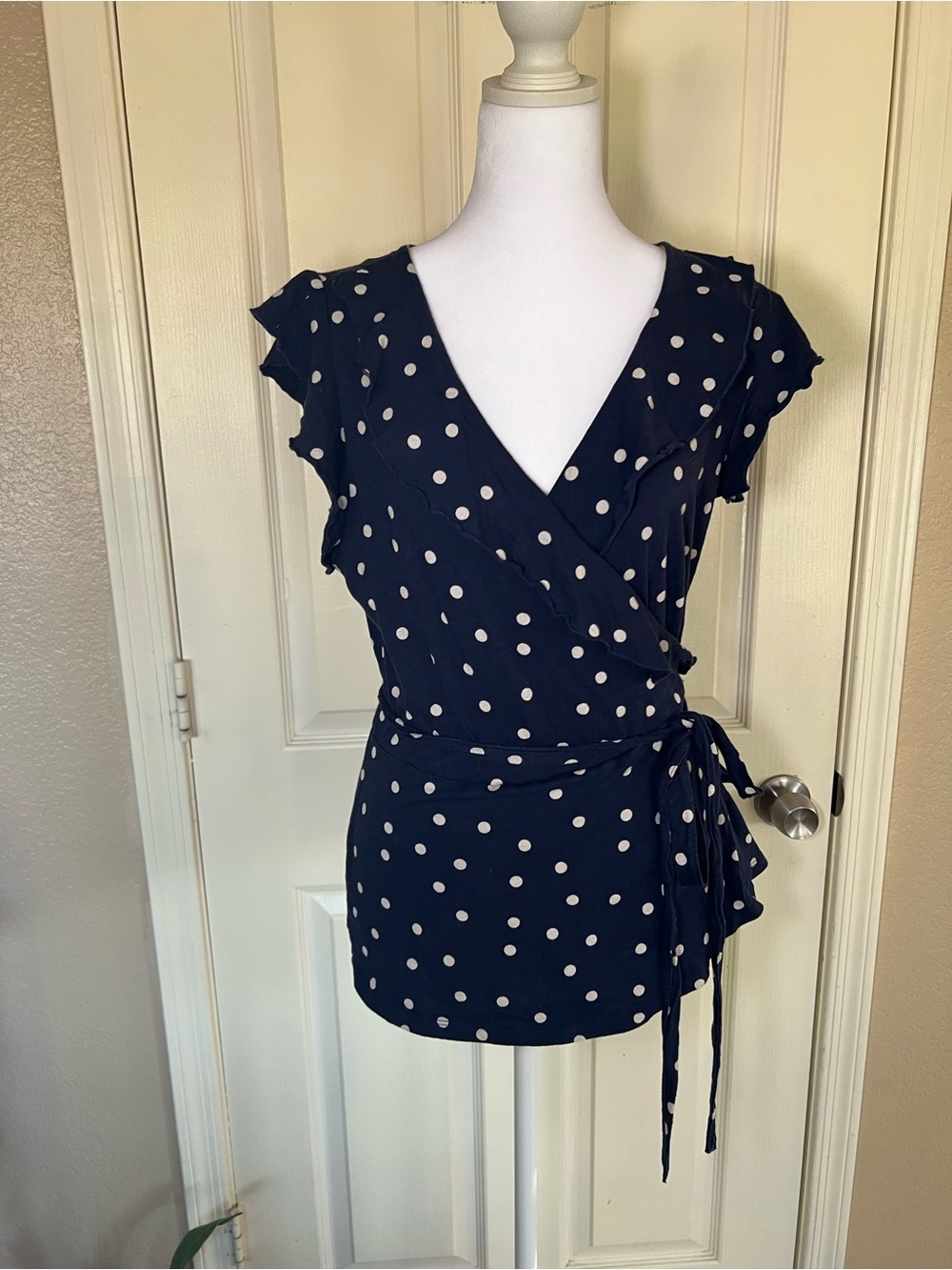 Boden Navy White Polka Dot Wrap Top Ruffle Short Sleeve Jersey US 12
